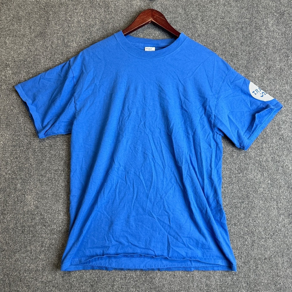 Trader Joes T Shirt Mens L Blue Halftone Dot Logo Sleeve Hit Graphic Tee